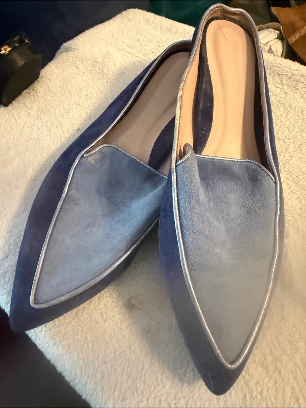 Taryn Rose Blue Velvet Pointed Slip-On Flats with Metallic Trim